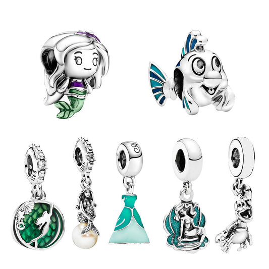 S925 Disney Little Mermaid  Princess Ariel Flounder Luminous Sterling Silver Charms Collection