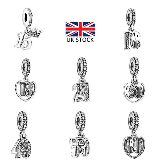 S925 13th,15th,16th,18th,21st,30th,40th,50th,60th,70th Birthday Dangle Sterling Silver Charms
