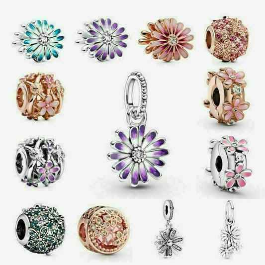 S925 Rose Gold Blue Purple Pink Daisy Flower Bracelets Sterling Silver Charm Collection