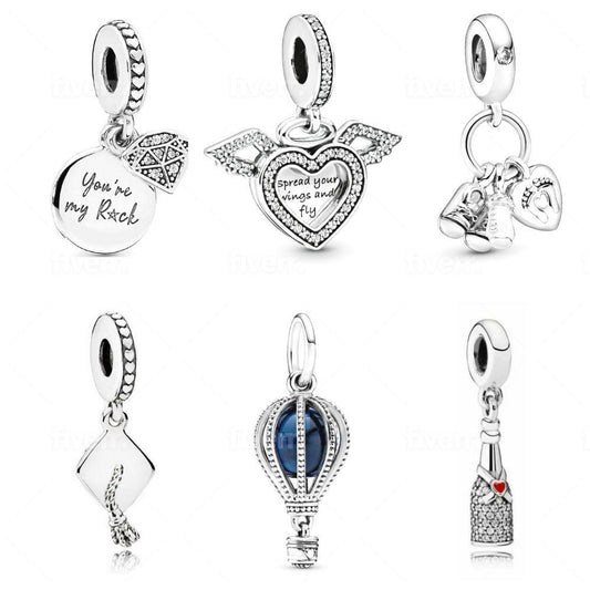 S925 Graduation Wine Bottle Hot Air Balloon Sterling Silver Charm Collection