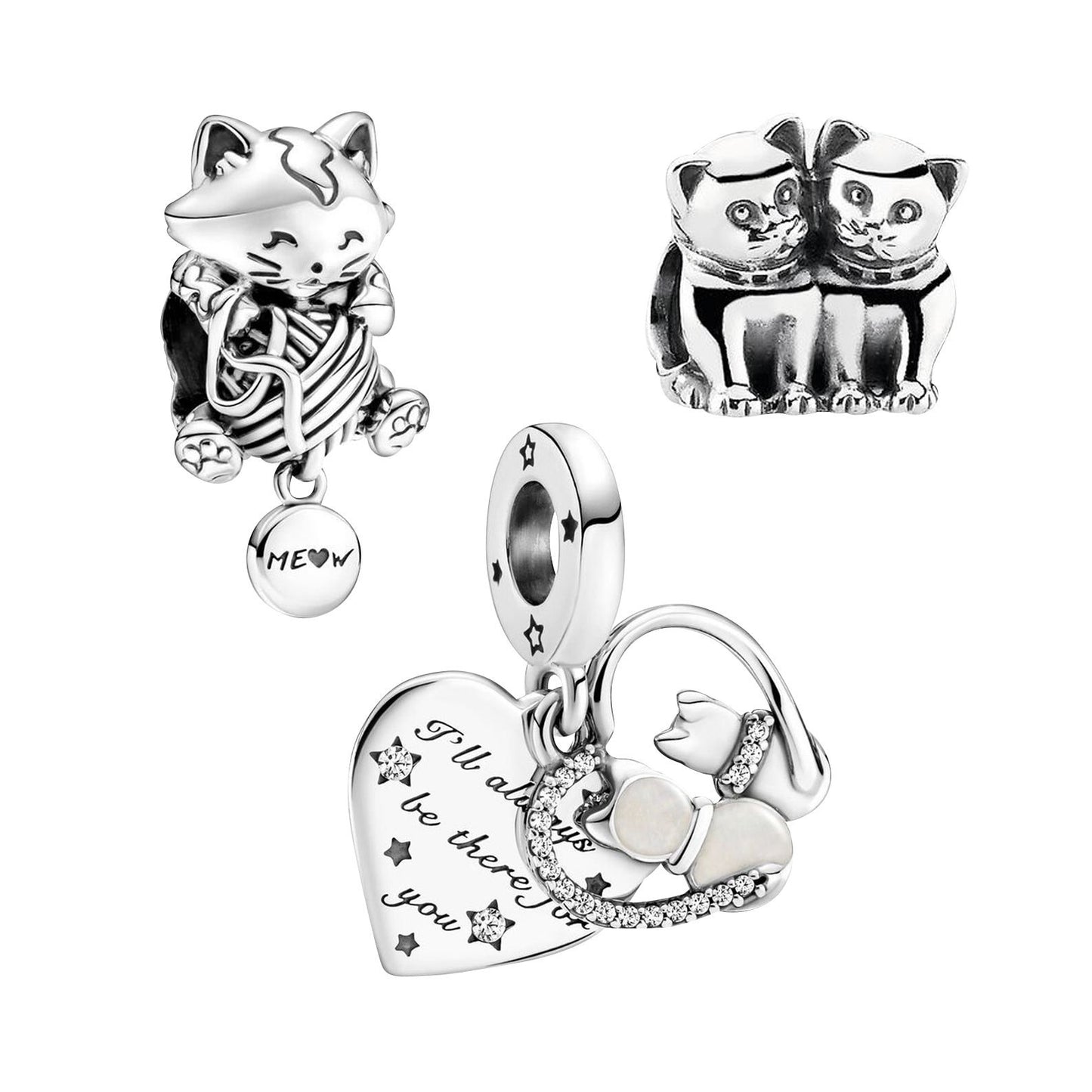 S925 Kitten & Yarn Ball Cats Hearts Love Kittens Sterling Silver Charms Collection