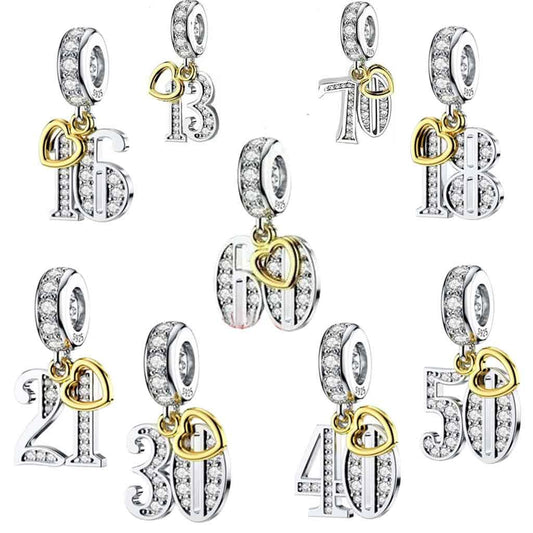 S925 13th,16th,18th,21st,30th,40th,50th,60th,70th Birthday Gold Tag Dangle Sterling Silver Charms