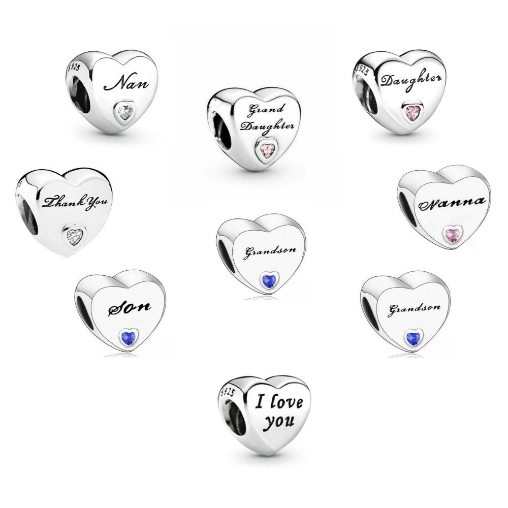 S925 Nan Nanna Son Family Heart Sterling Silver Charm Collection