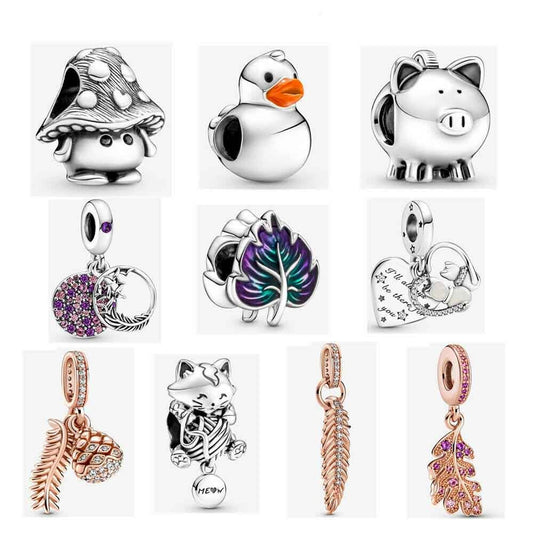 S925 Cute Mushroom Piggy Bank Polished Rubber Duck Sterling Silver Charm Collection