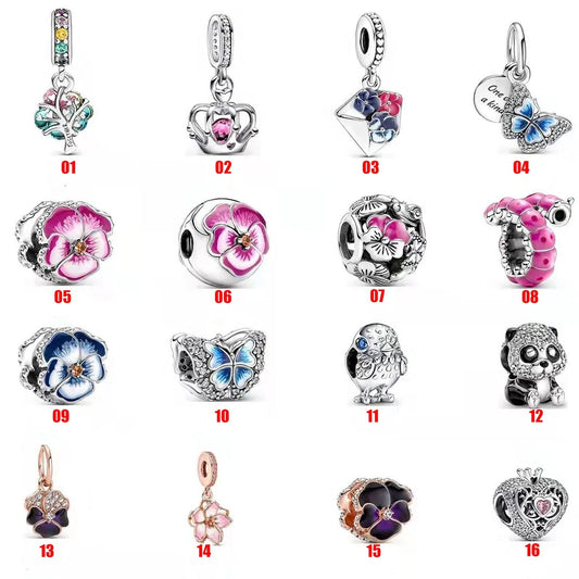 S925 Pansy Flowers Cute Caterpillar Cute Chick Butterfly Regal Crown Sterling Silver Charms Collection